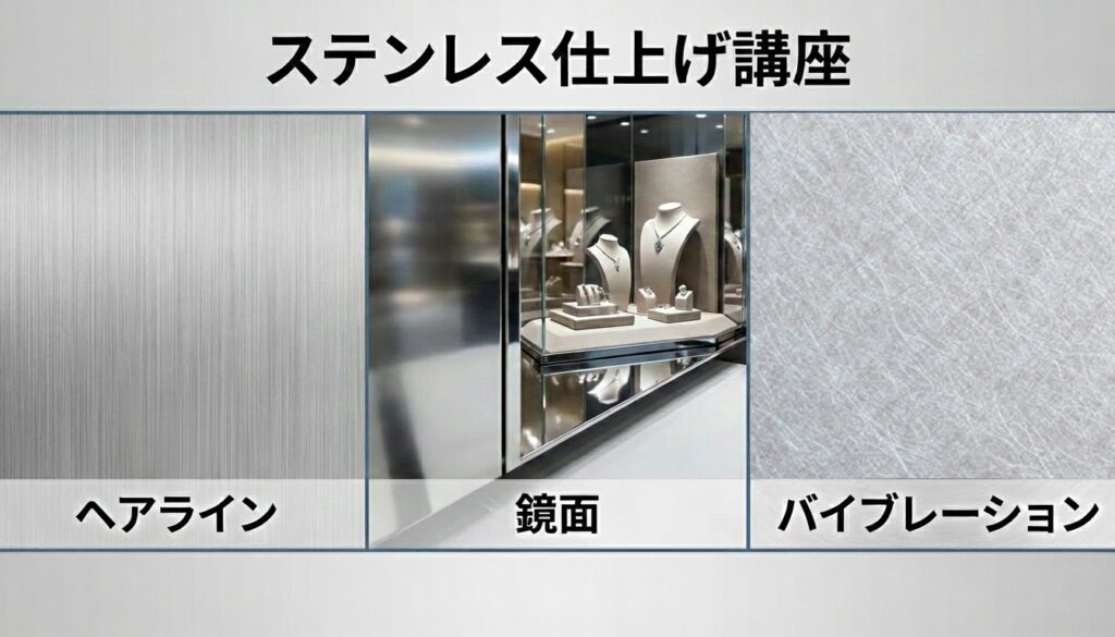 特注什器の仕上げ加工講座③|ステンレスの研磨仕上げ(ヘアライン・鏡面・バイブレーション)の違いをプロが解説