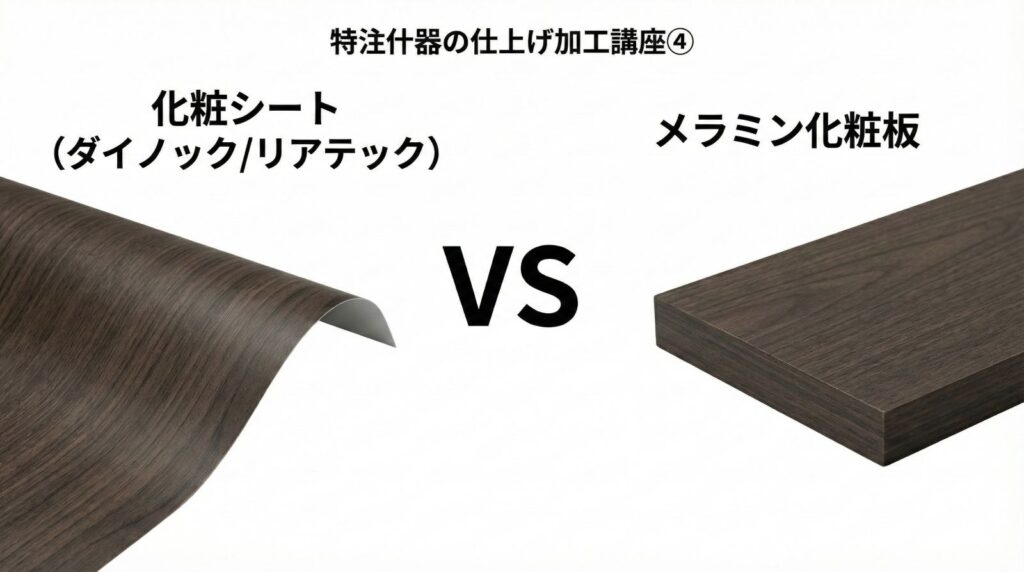 特注什器の仕上げ加工講座④|化粧シート(ダイノック・リアテック)とメラミンの違い・選び方をプロが解説