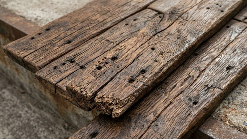 サステナブルな空間づくりにおいて利用される「古材」のクローズアップ画像