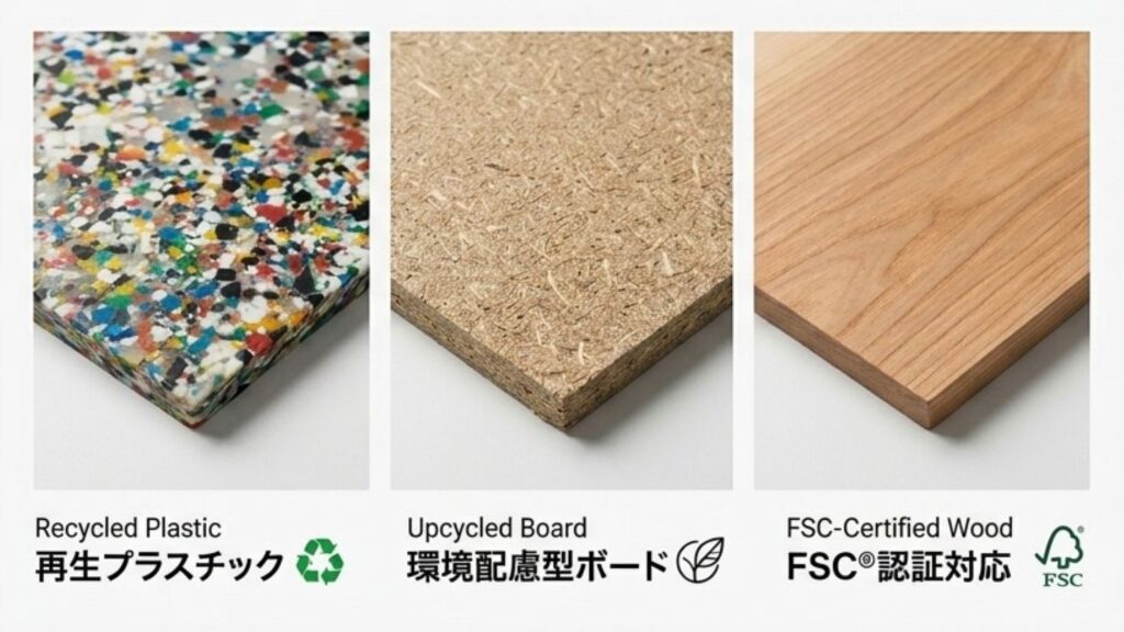 特注什器の素材講座⑩｜「サステナブル素材」の選び方〜再生プラスチックから古材、FSC認証まで〜