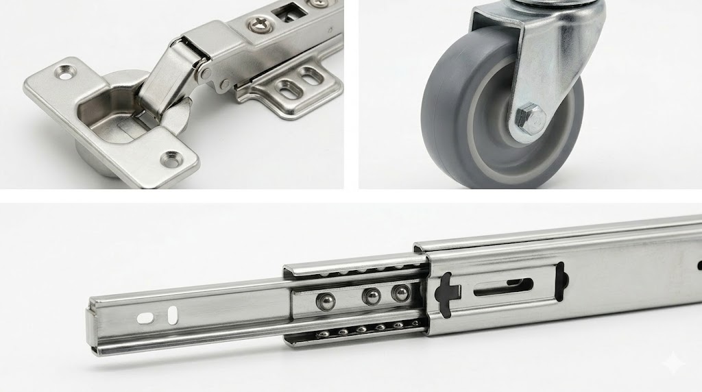 特注什器の素材講座⑨|金物パーツ(スライドレール・丁番・脚・キャスター)の選び方をプロが解説