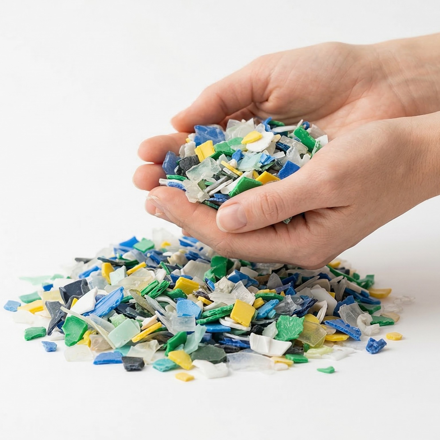 注目のサステナブル素材：再生プラスチック。廃プラスチックの破片を両手で持っている画像