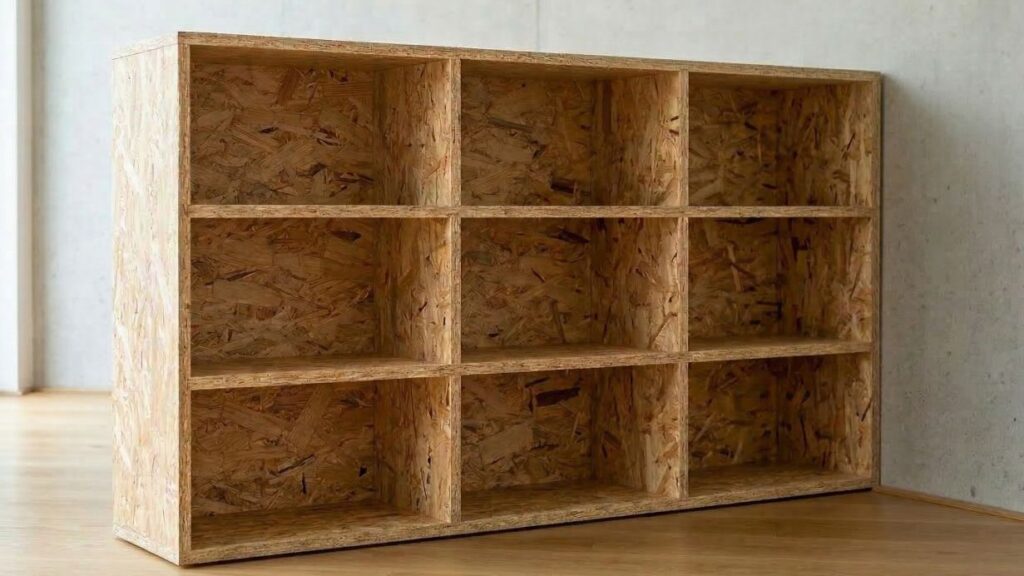 環境配慮型ボードの什器：建築現場の廃材や間伐材を粉砕して固めたOSBボードを利用した棚の事例。