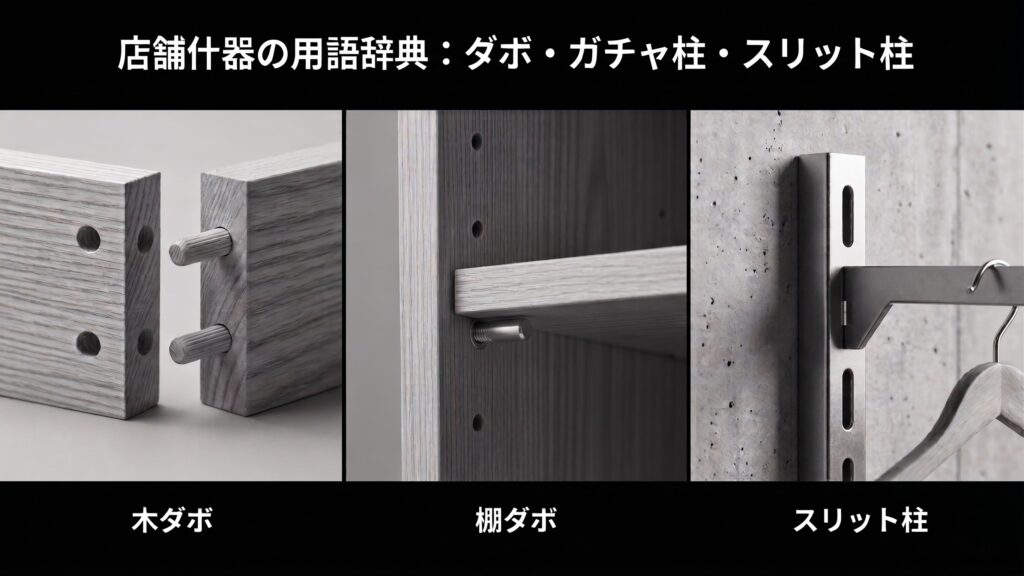 【店舗什器の用語辞典】ダボ・ガチャ柱・スリット柱とは?