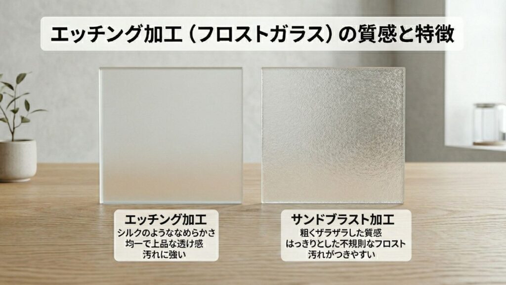 エッチング加工（フロストガラス）の質感と特徴｜2つの比較画像（左：エッチング加工、右：サンドブラスト加工）