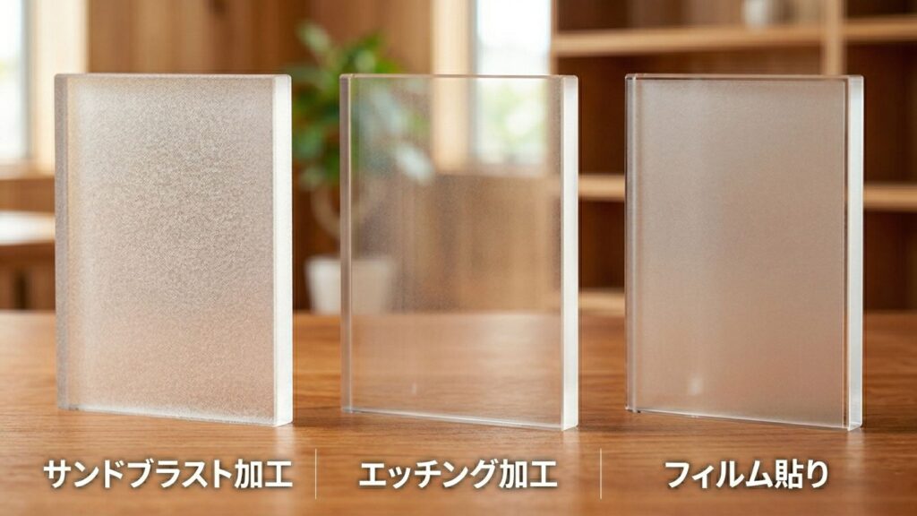 特注什器の仕上げ加工講座⑦｜ガラス・アクリルの装飾加工（サンドブラスト・エッチング・フィルム貼り）の種類をプロが解説