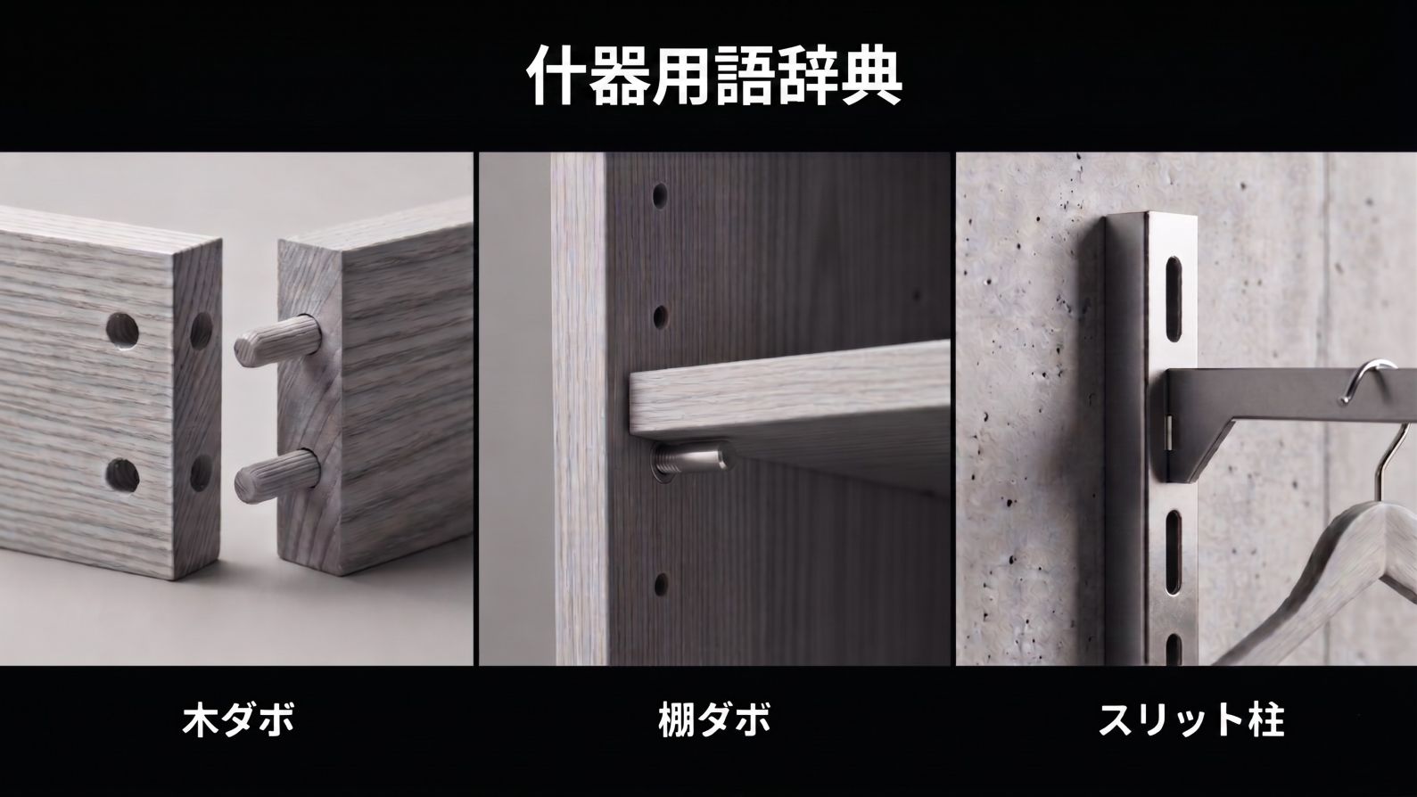店舗什器の用語解説「ダボ・ガチャ柱・スリット柱」のサムネイル画像。店舗設計や什器製作でよく使われる基本パーツ（木ダボ、棚ダボ、スリット柱）のモノクロ写真。