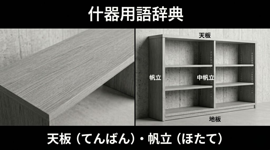 【什器用語辞典】天板（てんばん）・帆立（ほたて）とは？