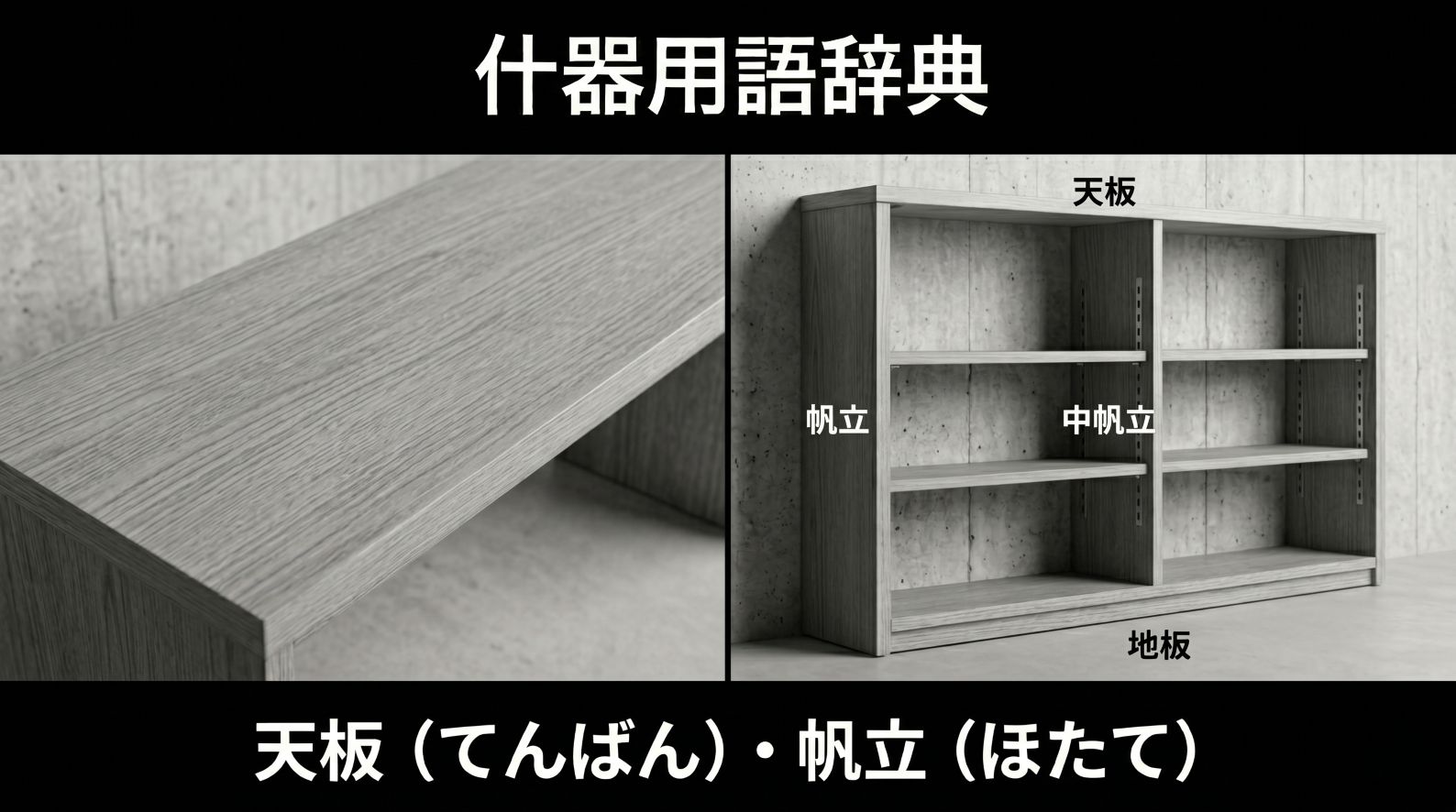 店舗什器の用語解説「天板・帆立」のサムネイル画像。店舗設計で重要となるテーブル天板のクローズアップ写真と、箱型什器の基本構造（天板、帆立、中帆立、地板の位置関係）がわかるモノクロ写真。