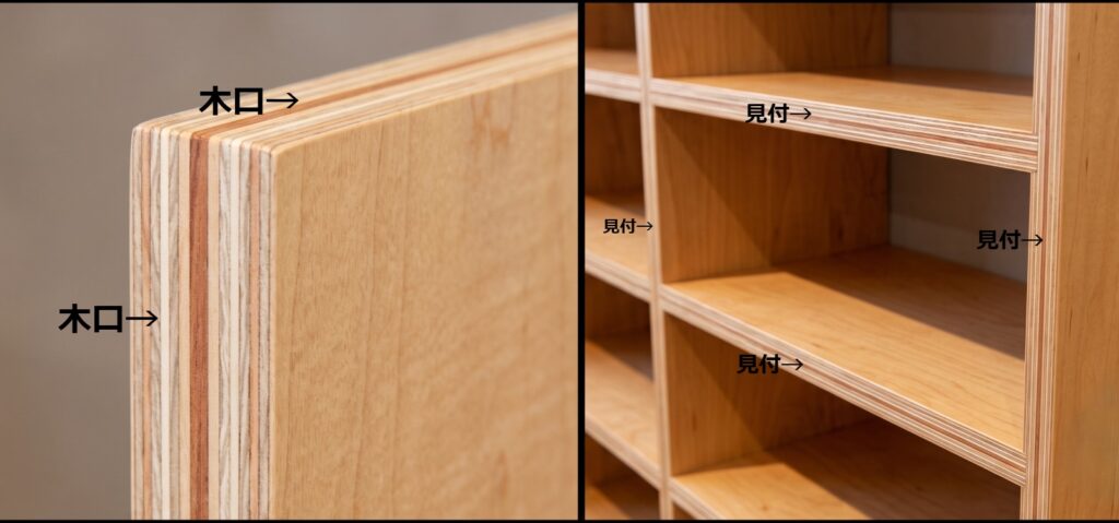 木口（こぐち）と見付（みつけ）を説明する比較画像