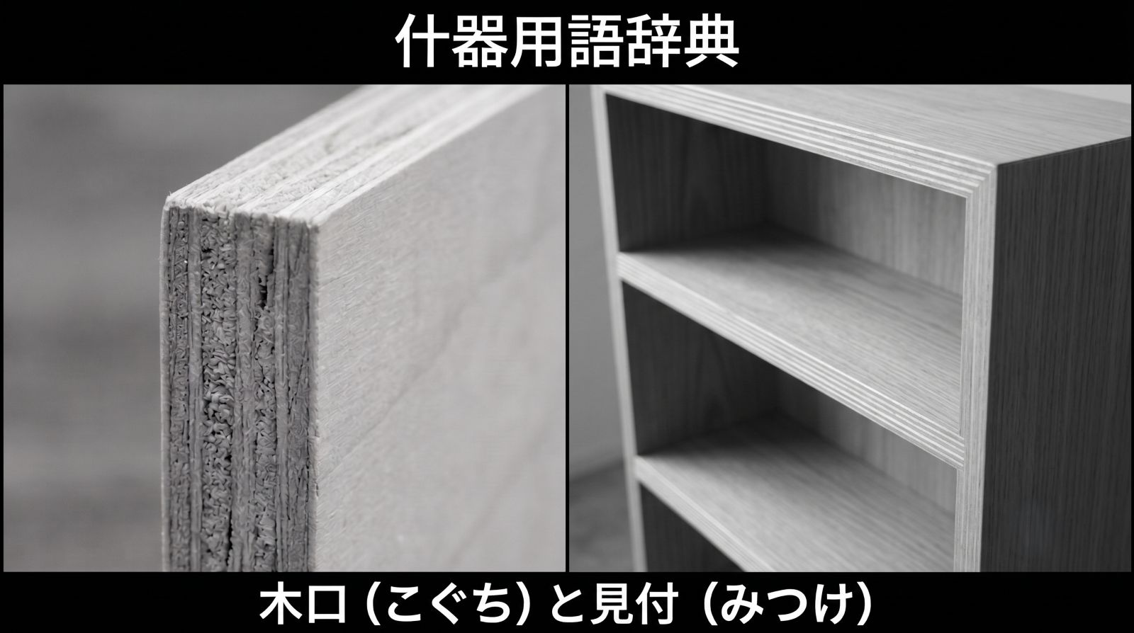 【什器用語辞典】木口（こぐち）、見付（みつけ）とは？のアイキャッチ画像で2種の比較。左は、木口のクローズアップ画像、右は、木製棚の断面を見せる画像。